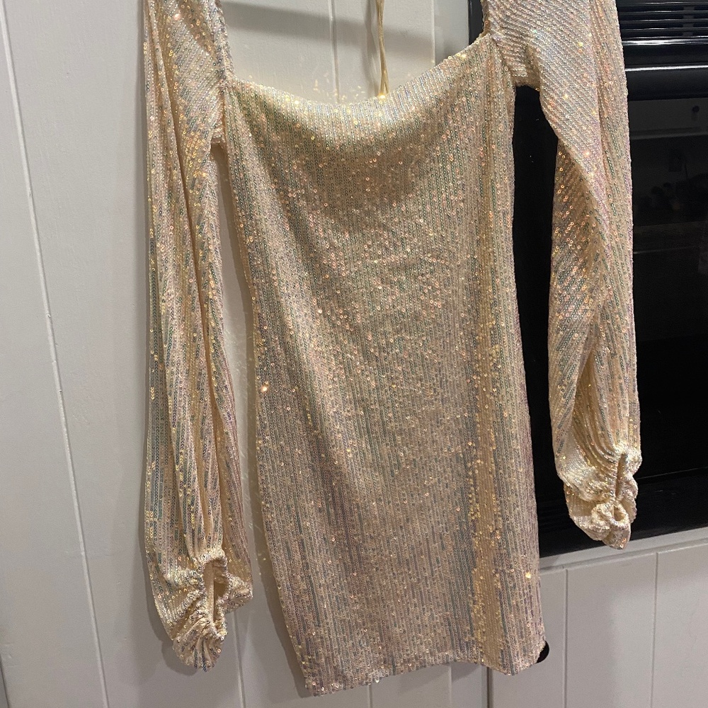 Lucy in the sky champagne sequence long sleeve dress